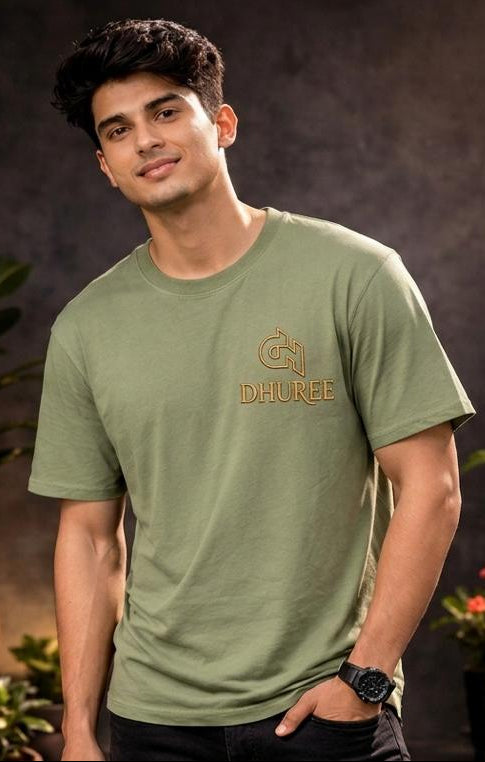 Olive green   Mens Round Neck Solid Oversized T-shirt with Logo Embroidery.