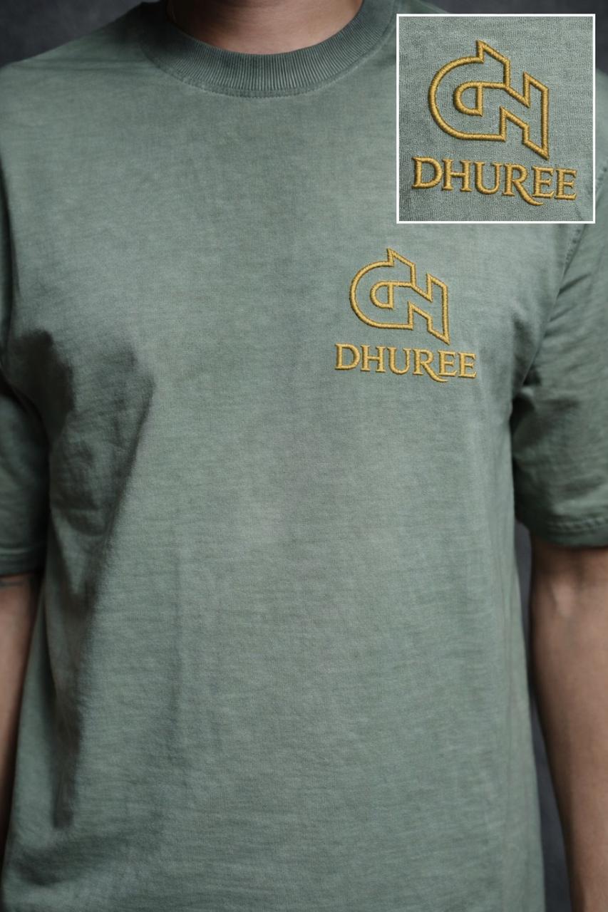 Sun Faded Wash Green Over Size T shirt with Logo Embroidery.