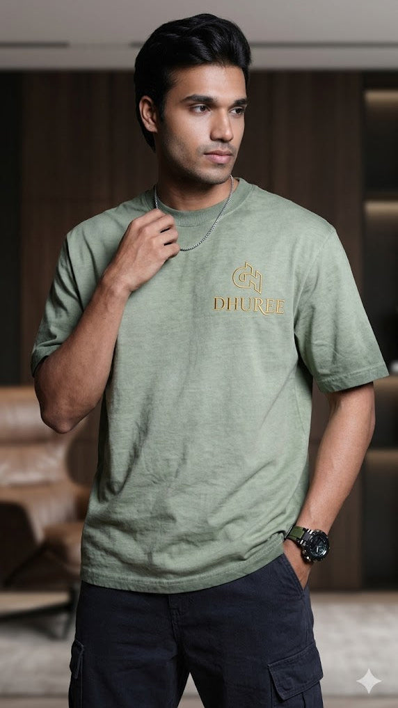 Sun Faded Wash Green Over Size T shirt with Logo Embroidery.
