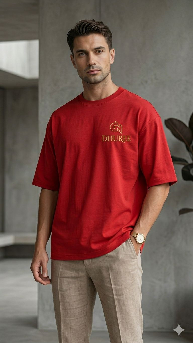 Red  Mens Oversized /drop shoulder double silicon wash( bio washed)-with Logo Embroidery..