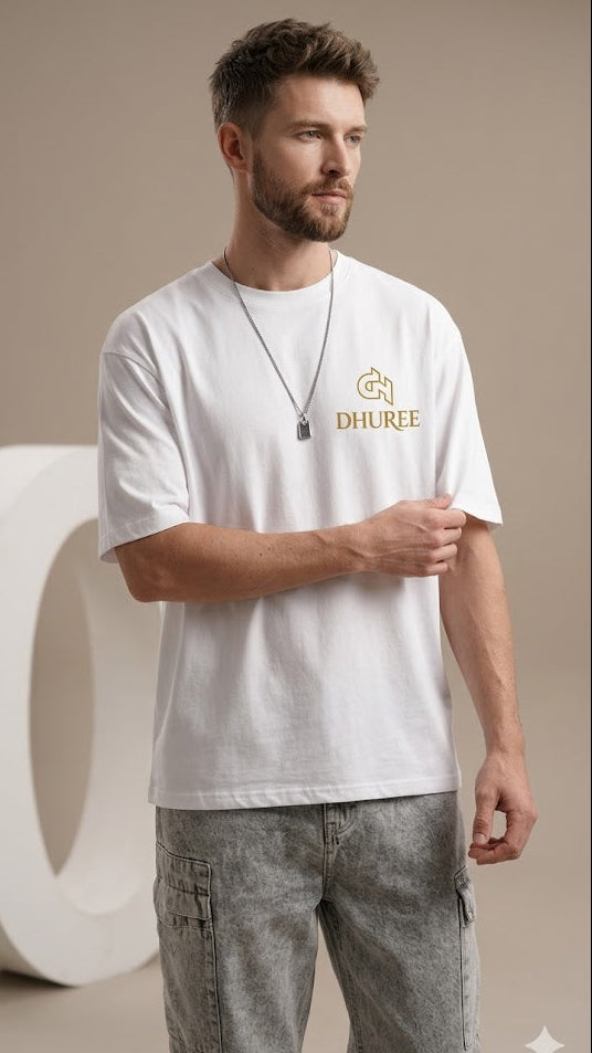 White  Men`s Round Neck Solid Oversized T-shirt with Logo Embroidery.