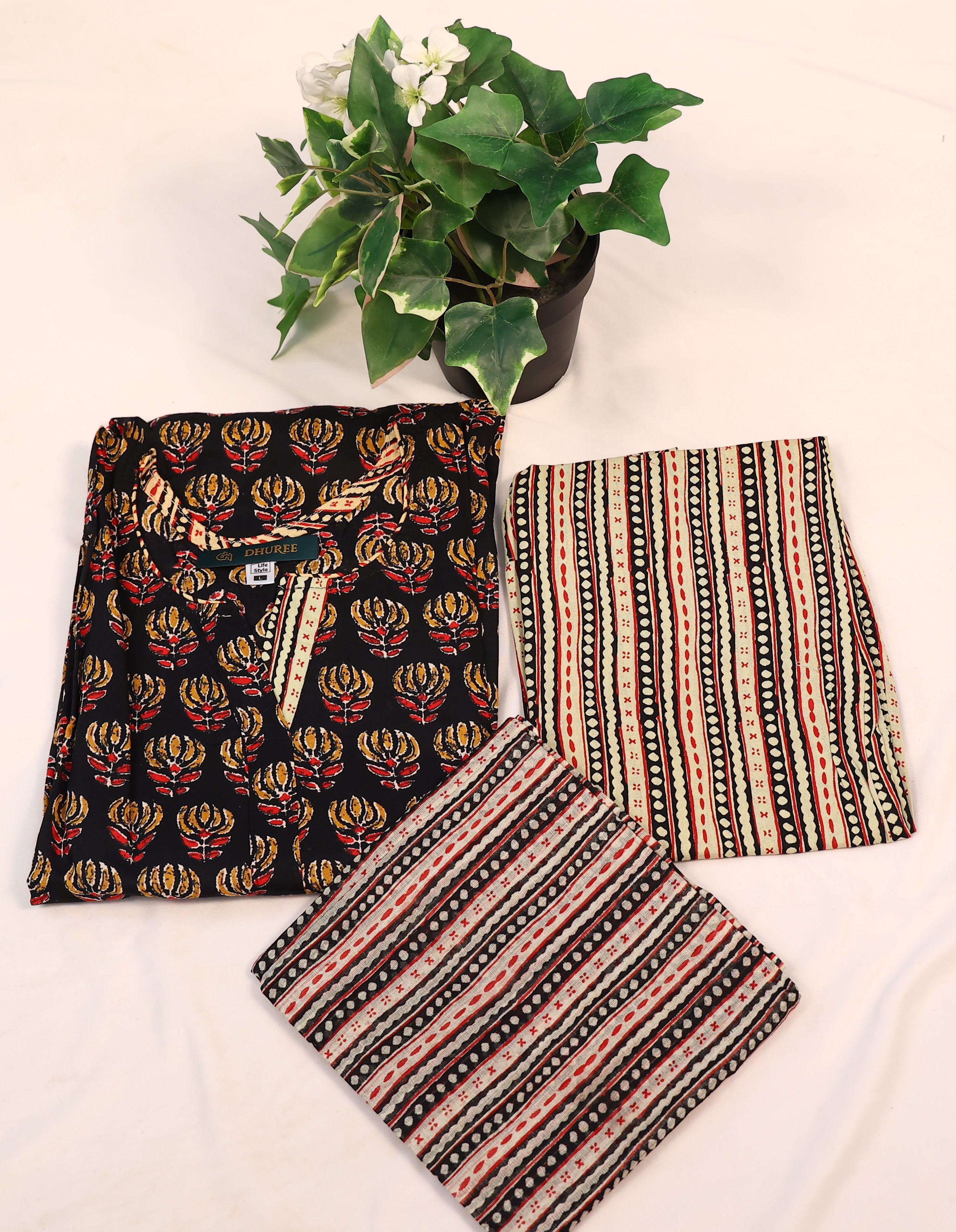 Black Printed Cotton Kurta Set With Dupatta