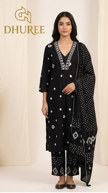 Black Pure Cotton Printed Straight Kurta Set
