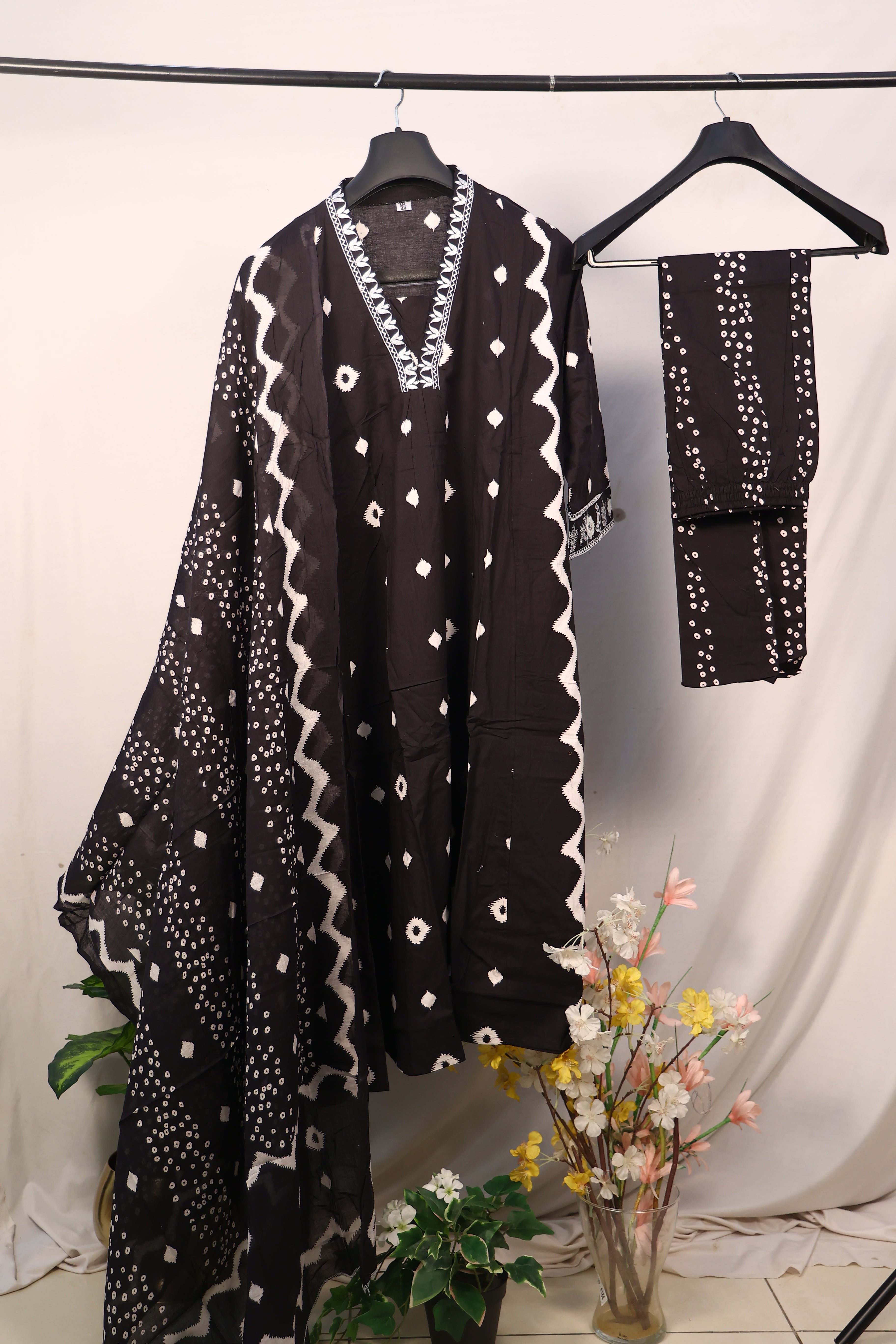 Black Pure Cotton Printed Straight Kurta Set