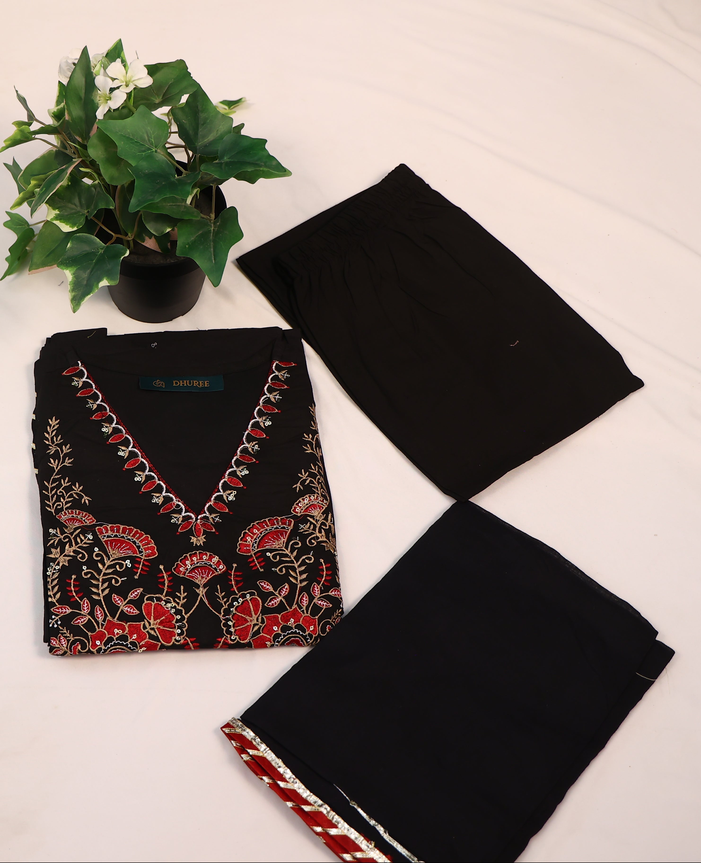 Black Pure Cotton Printed Straight Kurta Pant Set