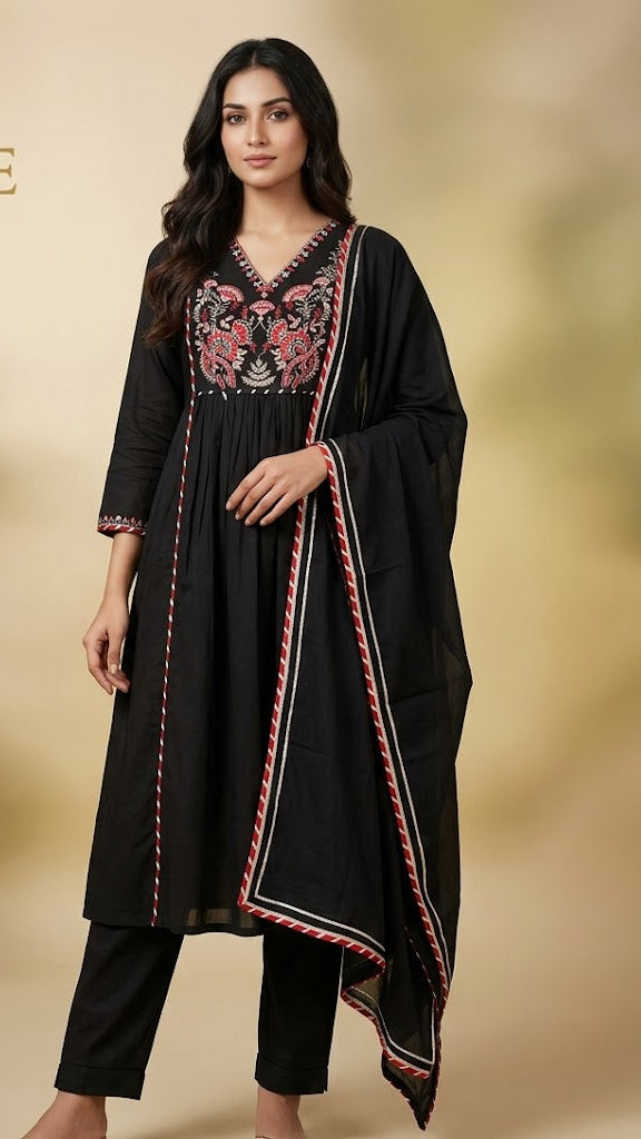 Black Pure Cotton Printed Straight Kurta Pant Set