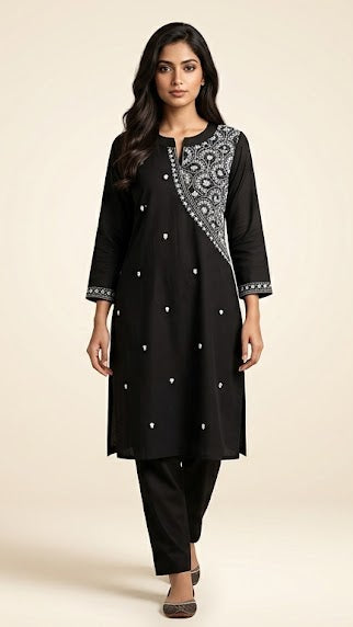 Black Pure Cotton Printed Straight Kurta Pant Set