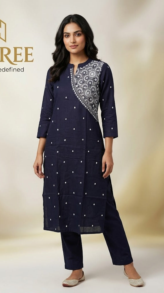 Navy Blue Pure Cotton Printed Straight Kurta Set