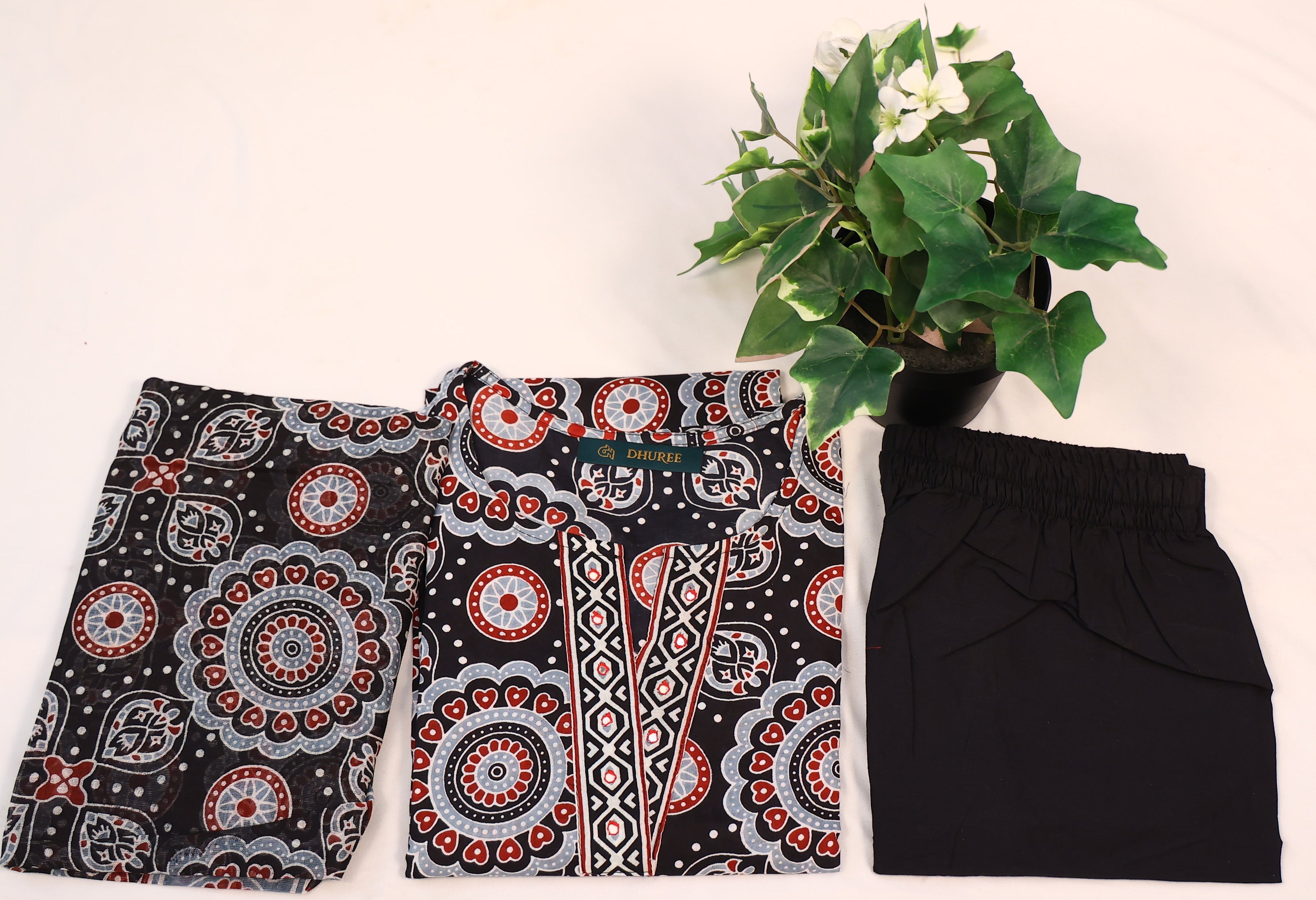 Black Cotton Printed Dupatta & Kurta Set