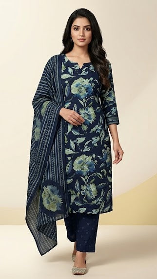 Navy Blue Printed Cotton Kurta Set With Dupatta