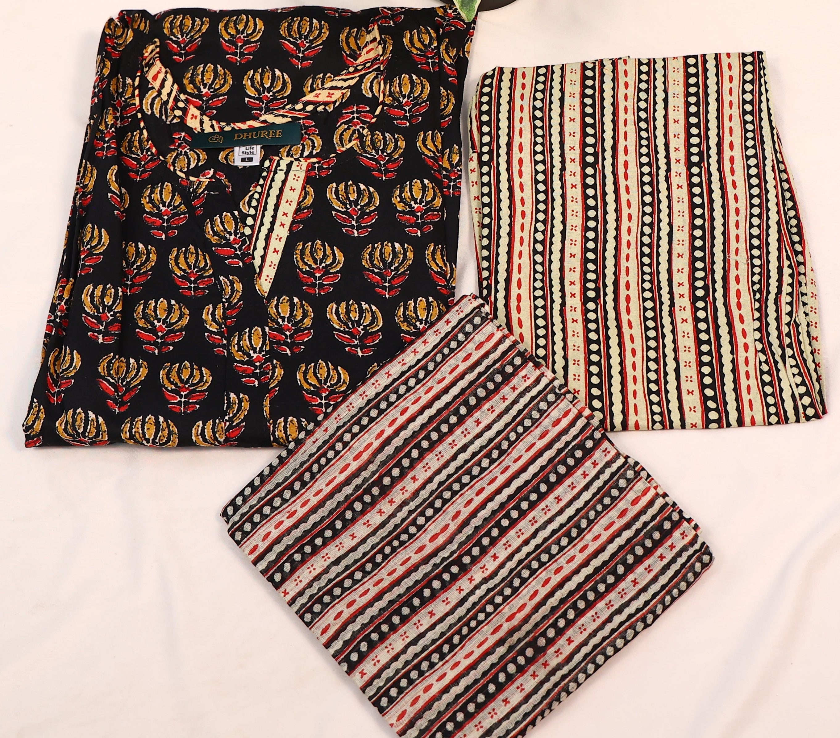 Black Printed Cotton Kurta Set With Dupatta