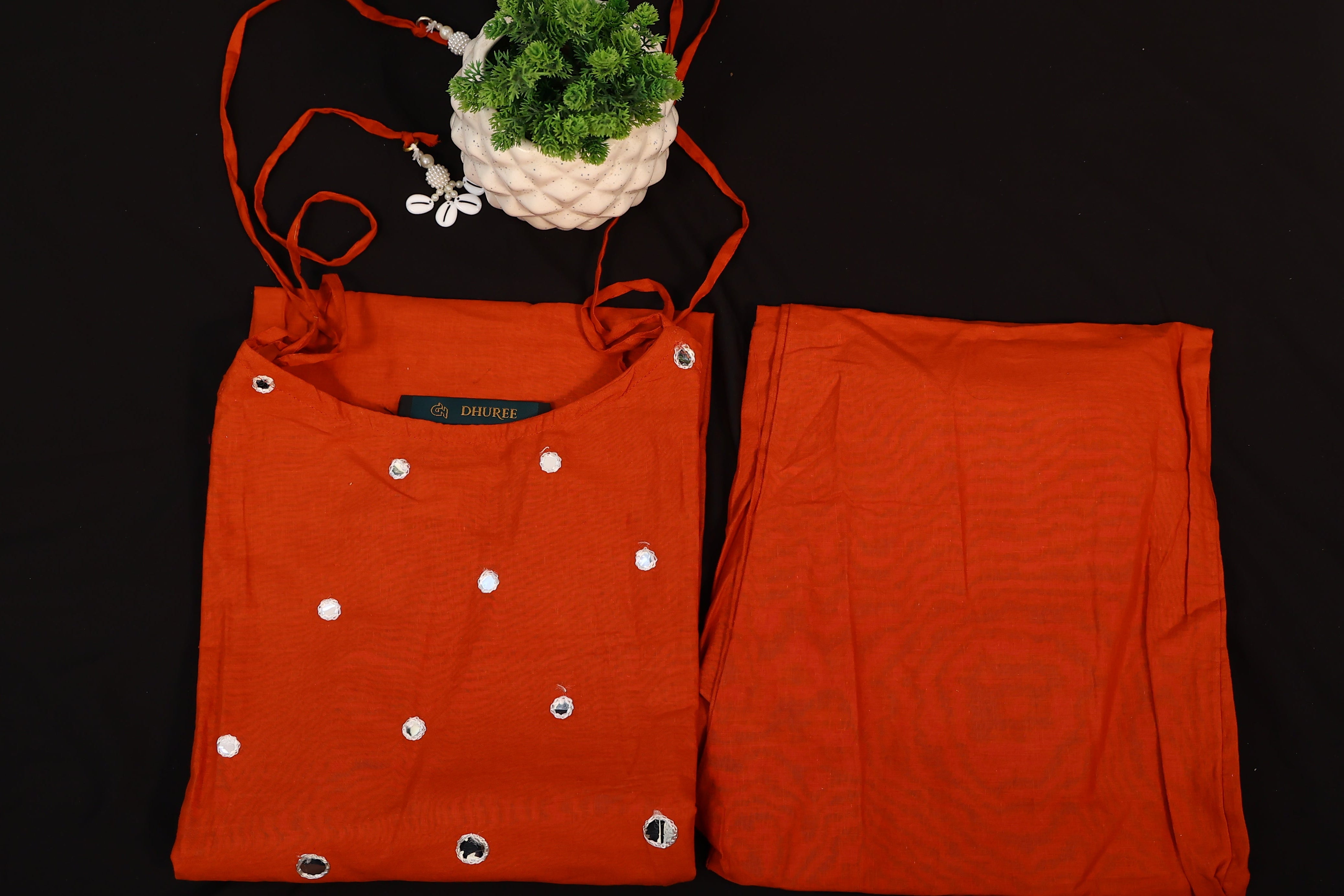 Orange Cotton Printed Straight Kurta Set