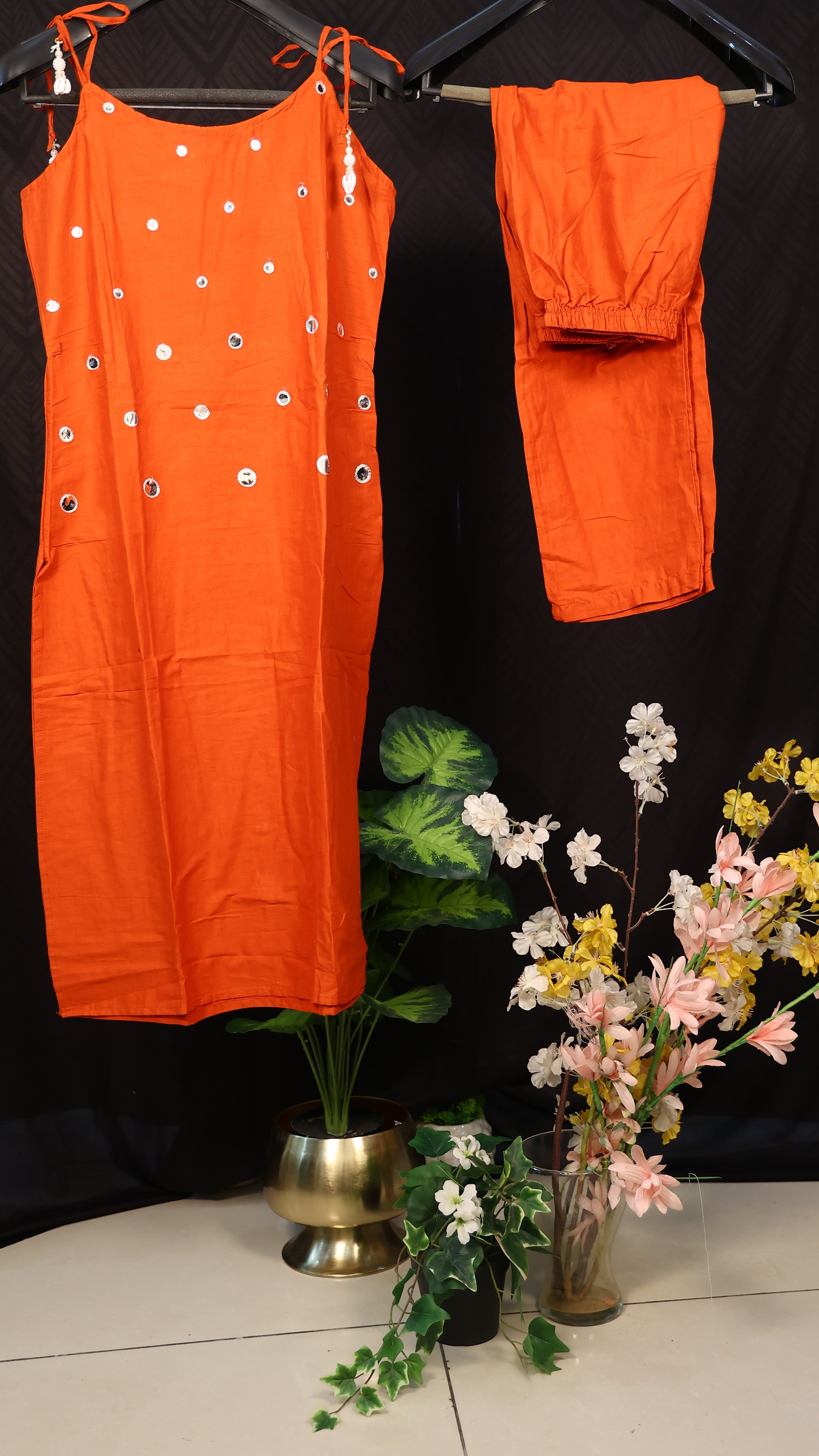 Orange Cotton Printed Straight Kurta Set