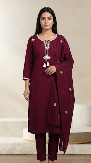Purple Embroidered  Kurta Set