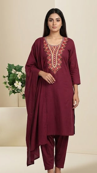 Embroidered Soft Cotton Floral Straight Maroon Kurta Set
