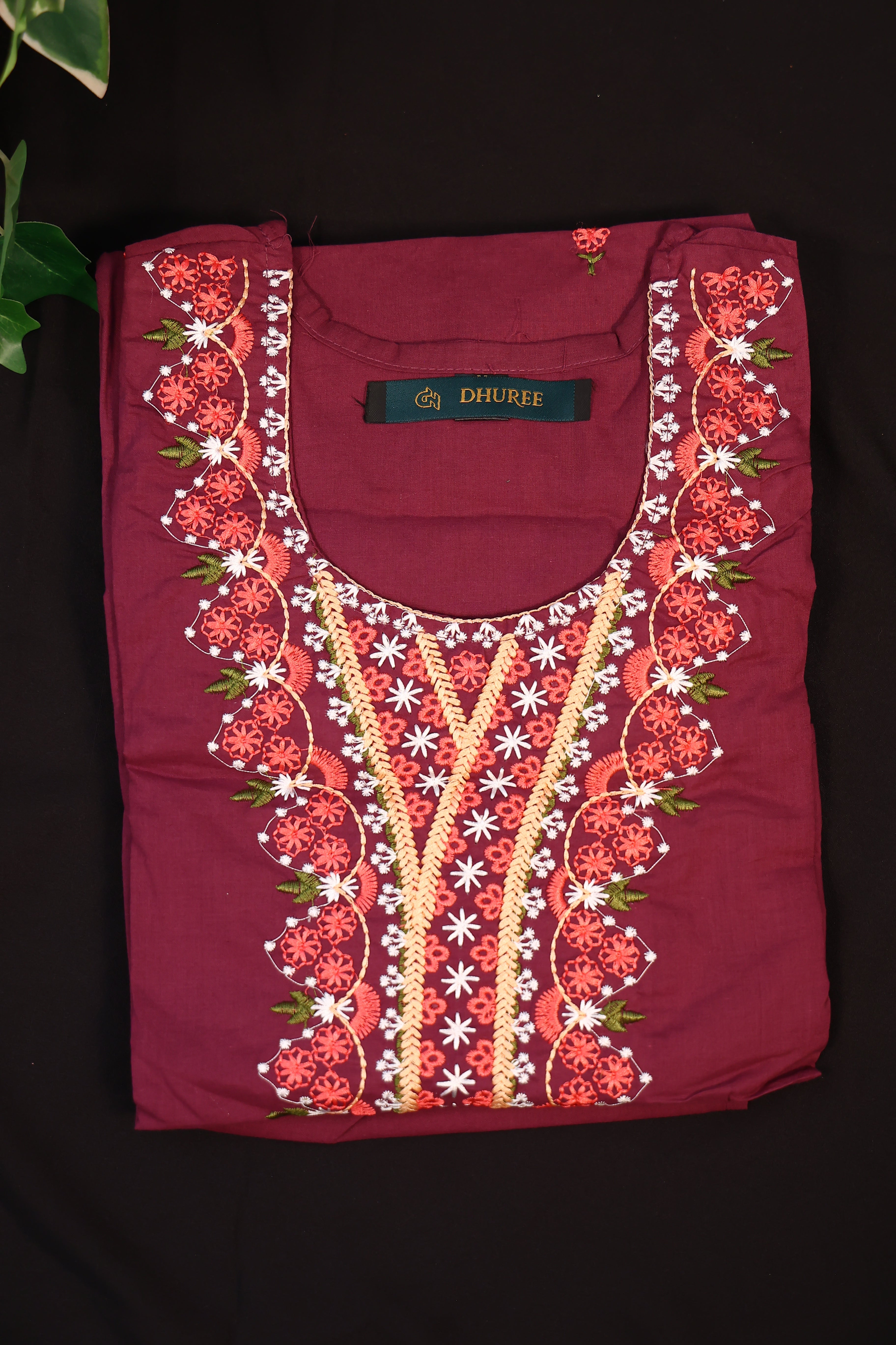 Embroidered Soft Cotton Floral Straight Maroon Kurta Set