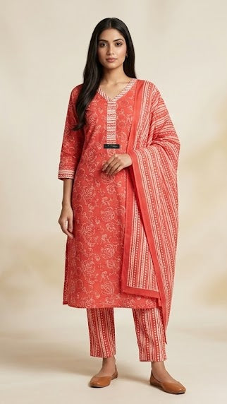 Red Floral Printed Straight Kurta Set