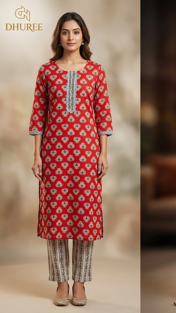Red Cotton Bagru Printed Slim Fit Dupatta & Kurta Set