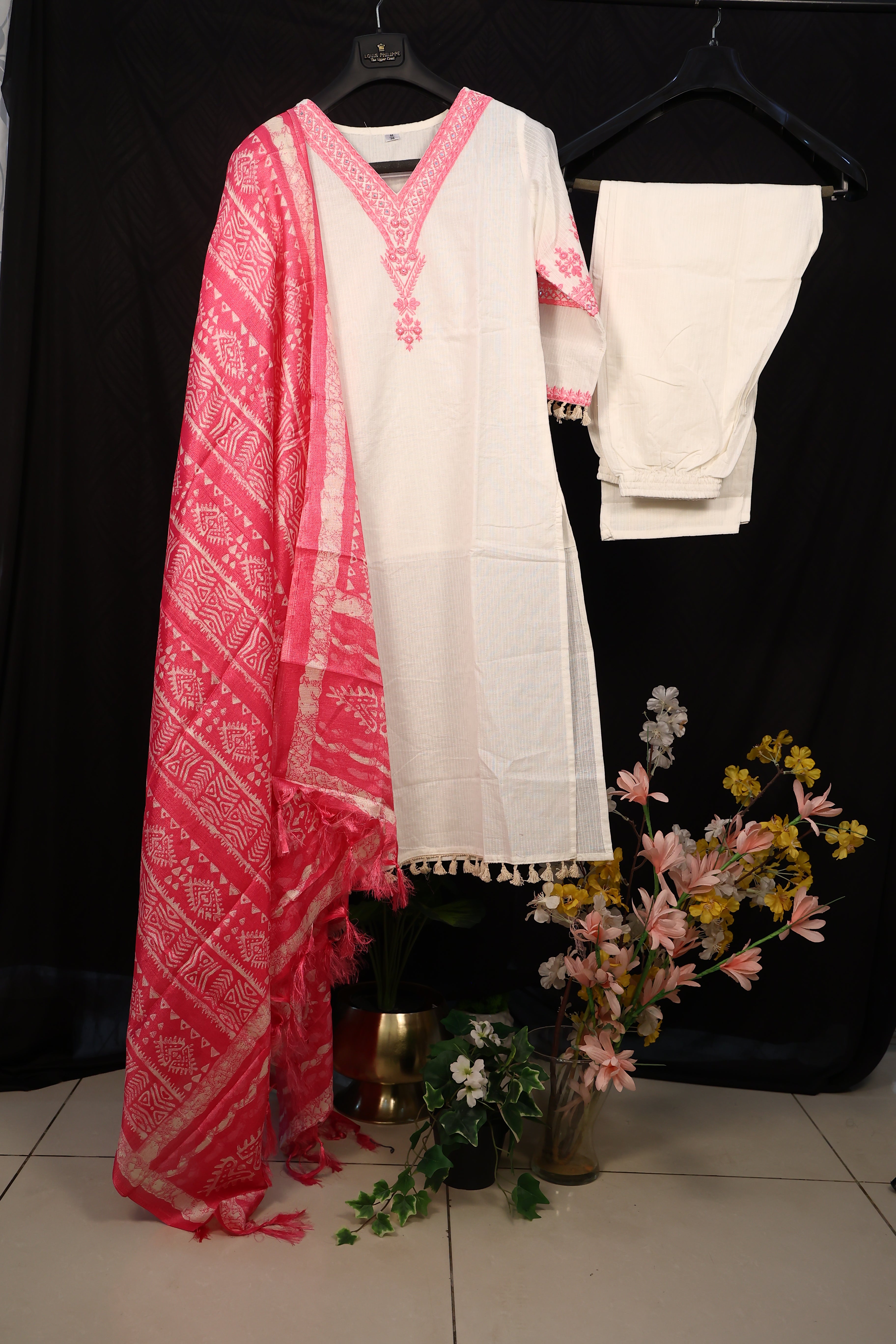 White and Pink  Printed Khadi Cotton Kurta Set