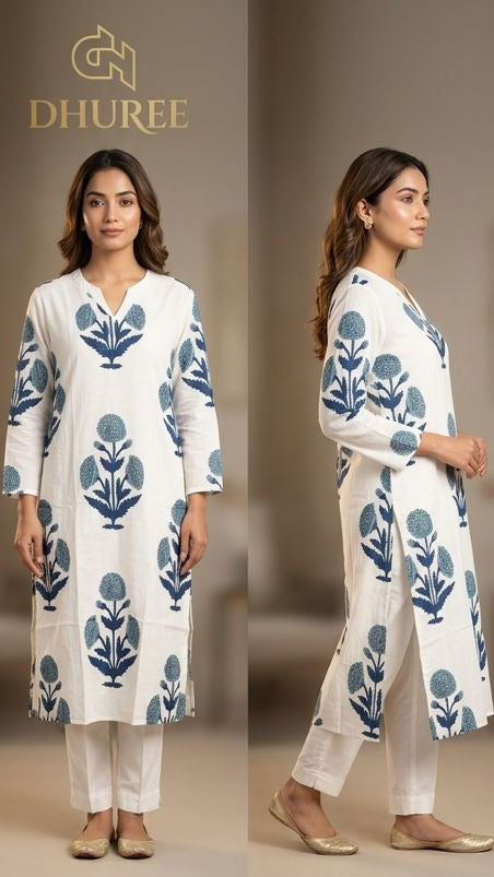 Women's White Pure Cotton  Straight Kurta With Pant Set