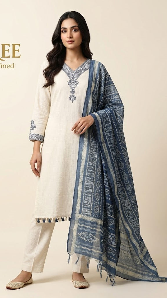 JAIPUR Beige Printed Khadi Cotton Kurta Set