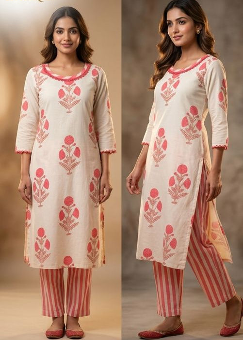Cream White Cotton Printed Pant & Kurta Set