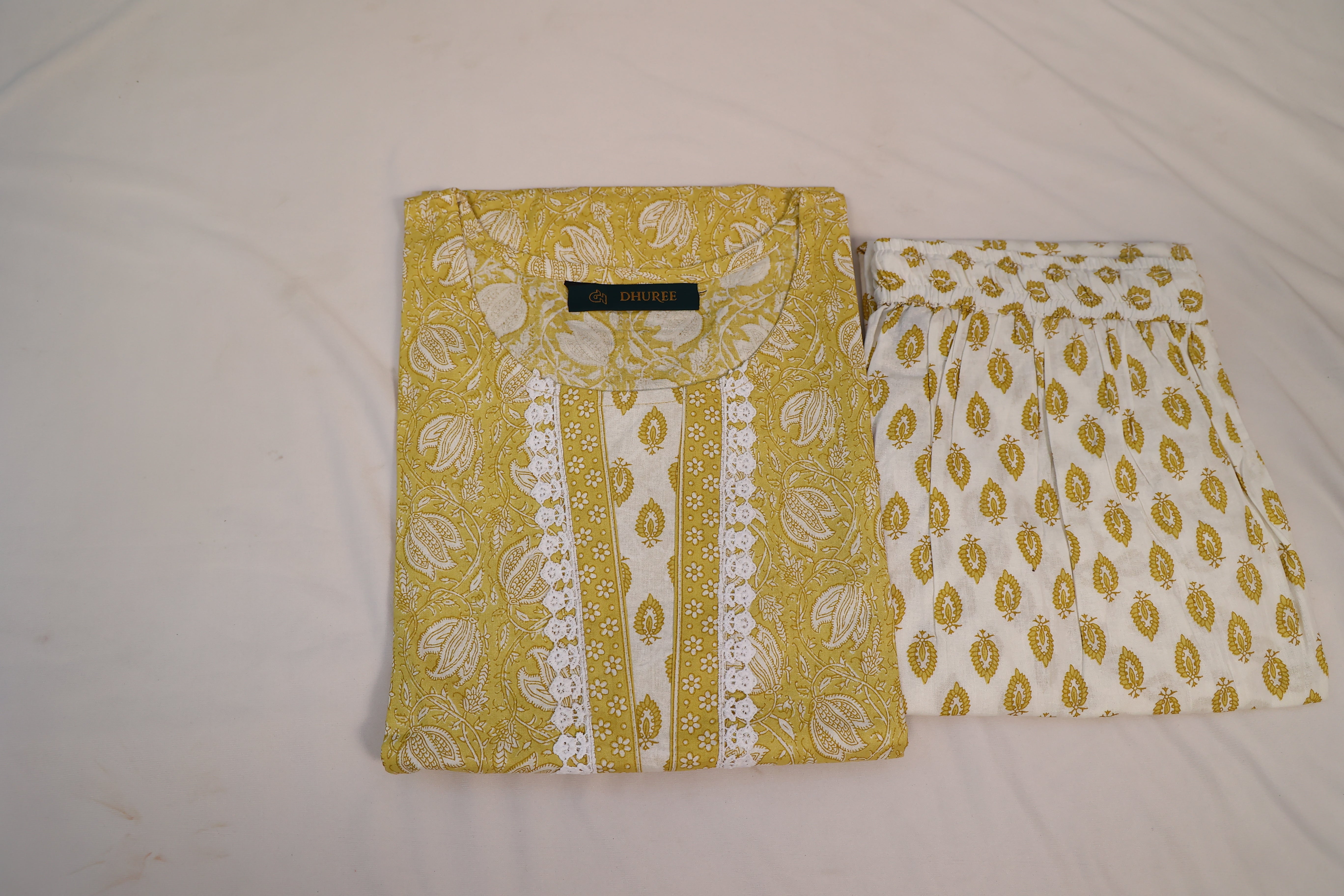 Yellow Cotton Printed Pant & Kurta Set