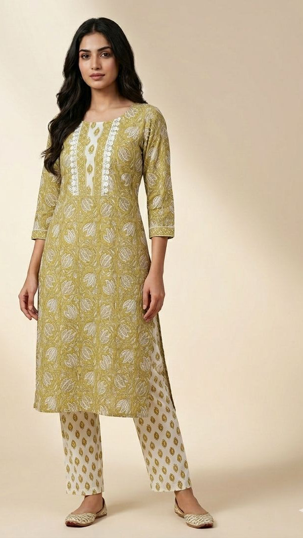 Floral Printed Regular Cotton Blend Kurta with Trouser.