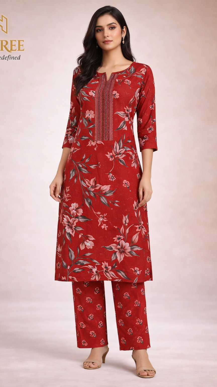 Red Cotton  Hand Block Printed Pant & Kurta Set