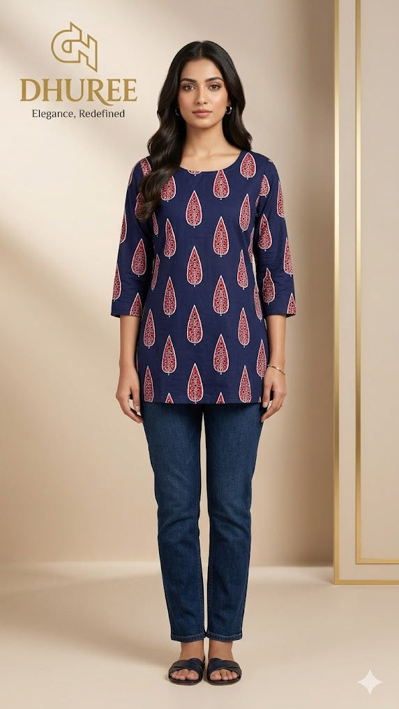 Blue Cotton Hand Block Printed Short Kurta