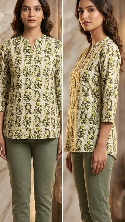 Yellow Cotton Hand Block Printed Slim Fit Short Kurta