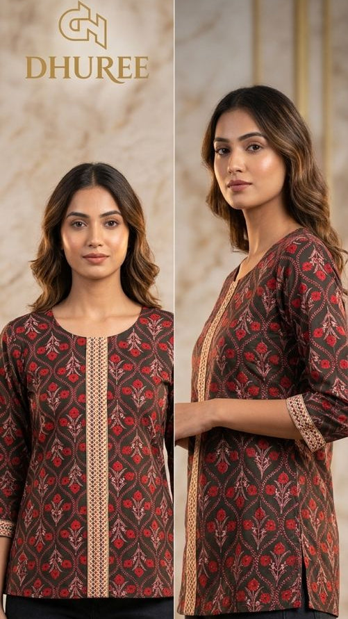 Printed yellow Short Kurta with bagru prints