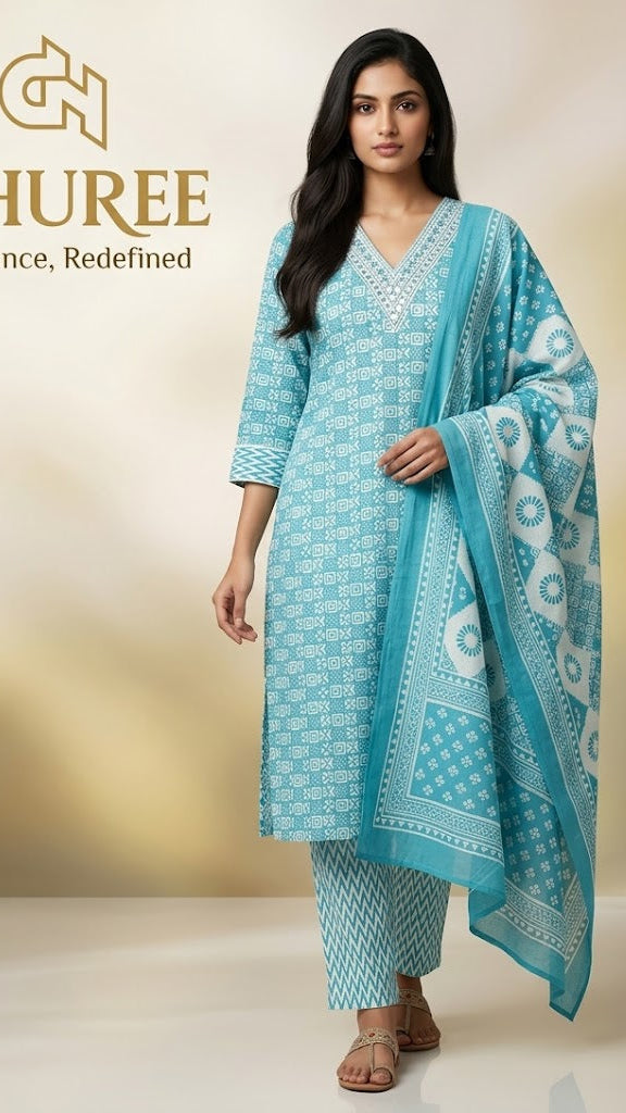 Blue Printed V-Neck Cotton Kurta Set