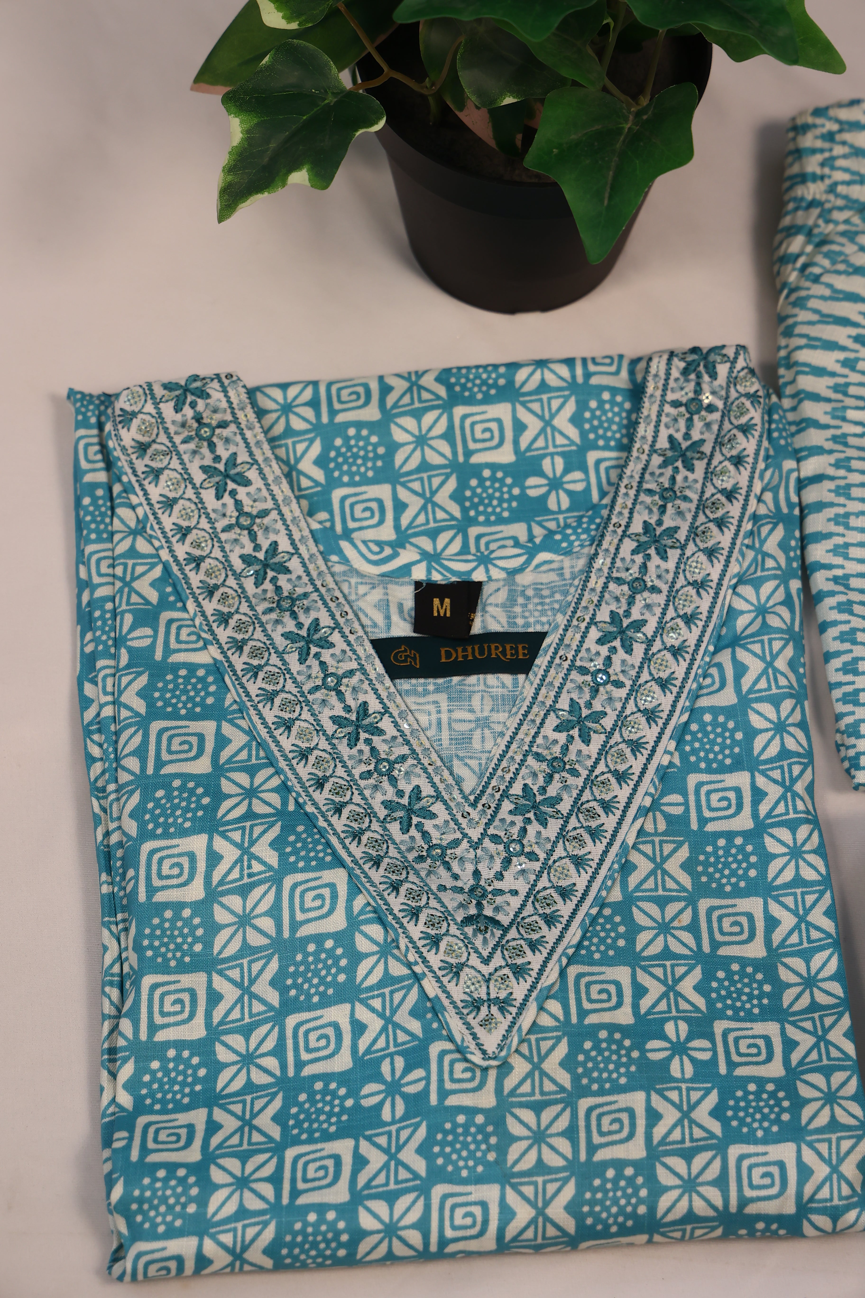 Blue Printed V-Neck Cotton Kurta Set