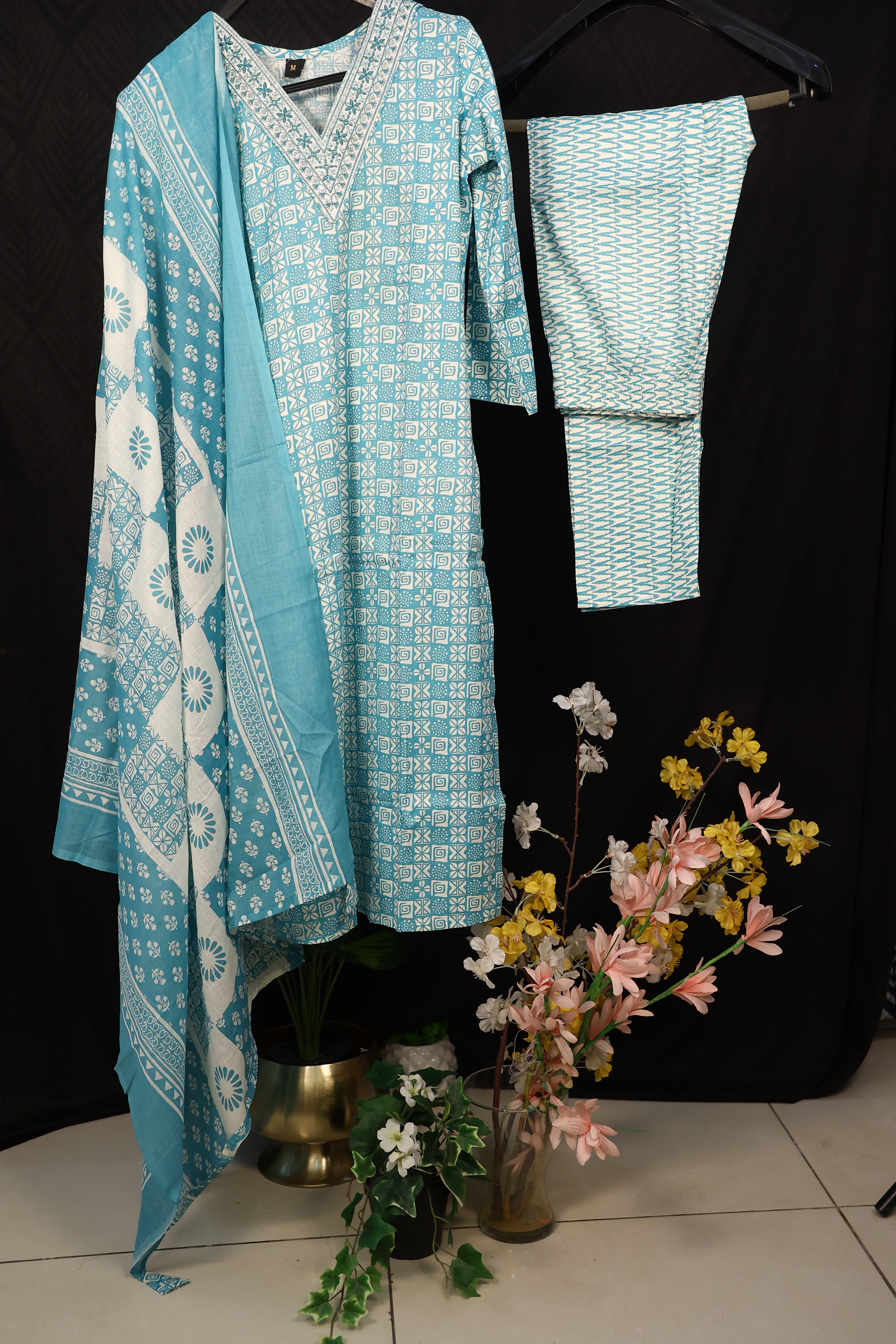 Blue Printed V-Neck Cotton Kurta Set