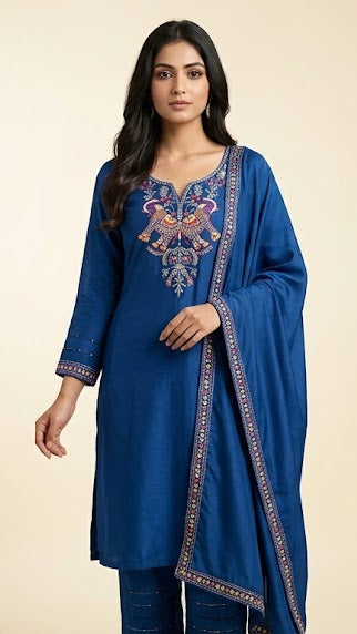 Women's Blue  Chanderi Silk Zari Embroidered Straight Kurta Pant Set