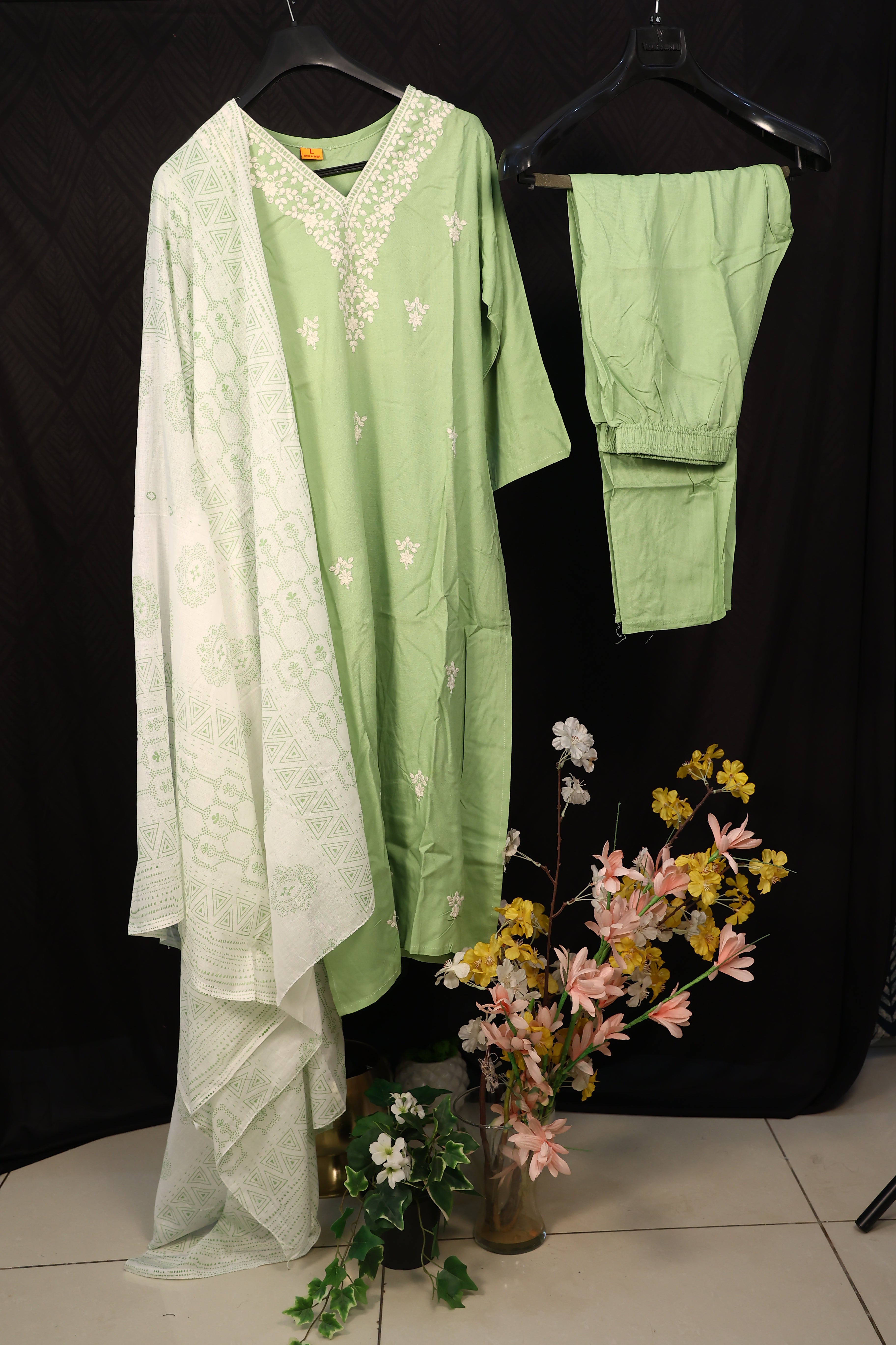 Hand Embroidered Sage Green Rayon Lucknowi Chikankari Kurta Set