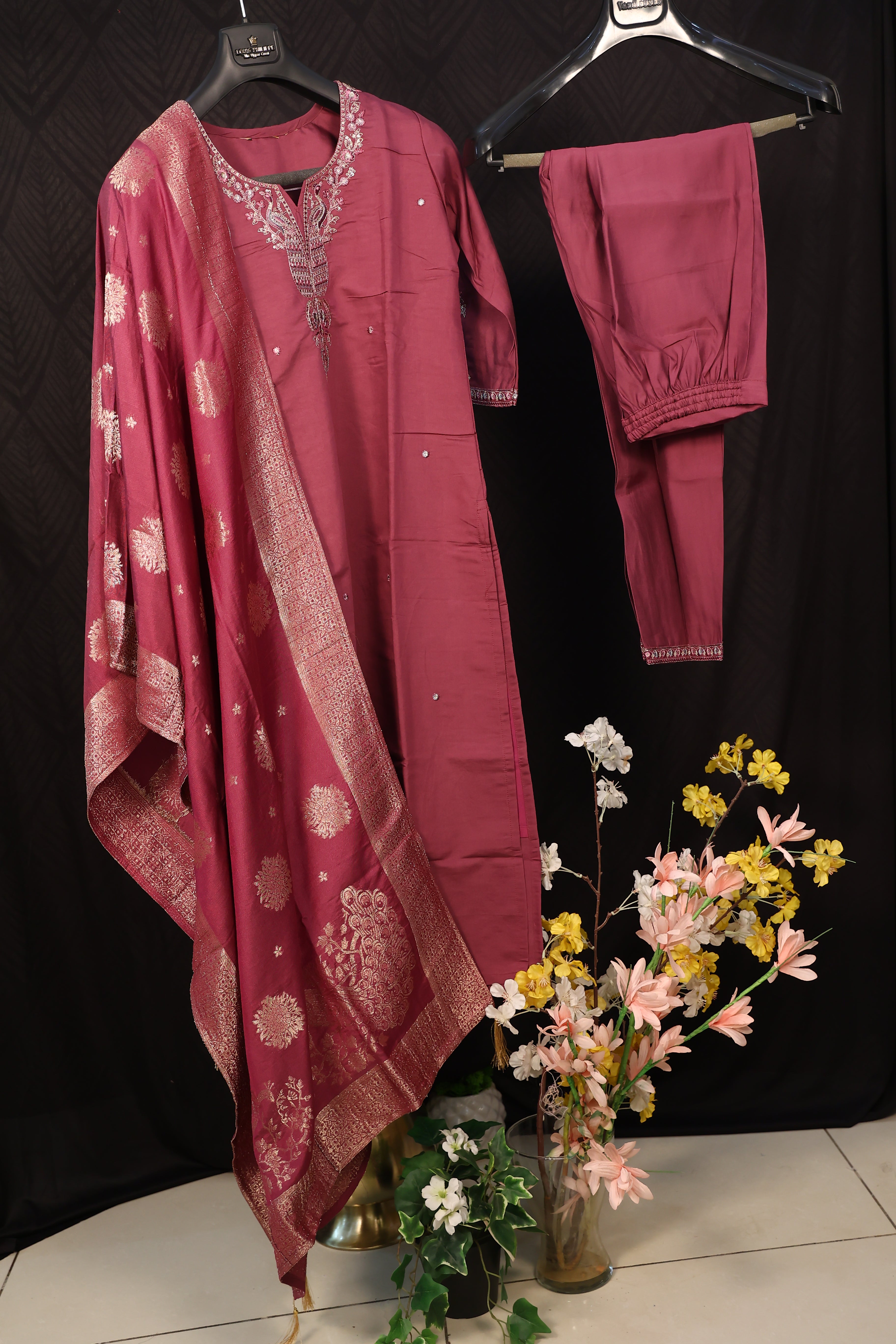 Women  Chanderi Silk Zari Embroidered Straight Kurta With Palazzo & Dupatta Set