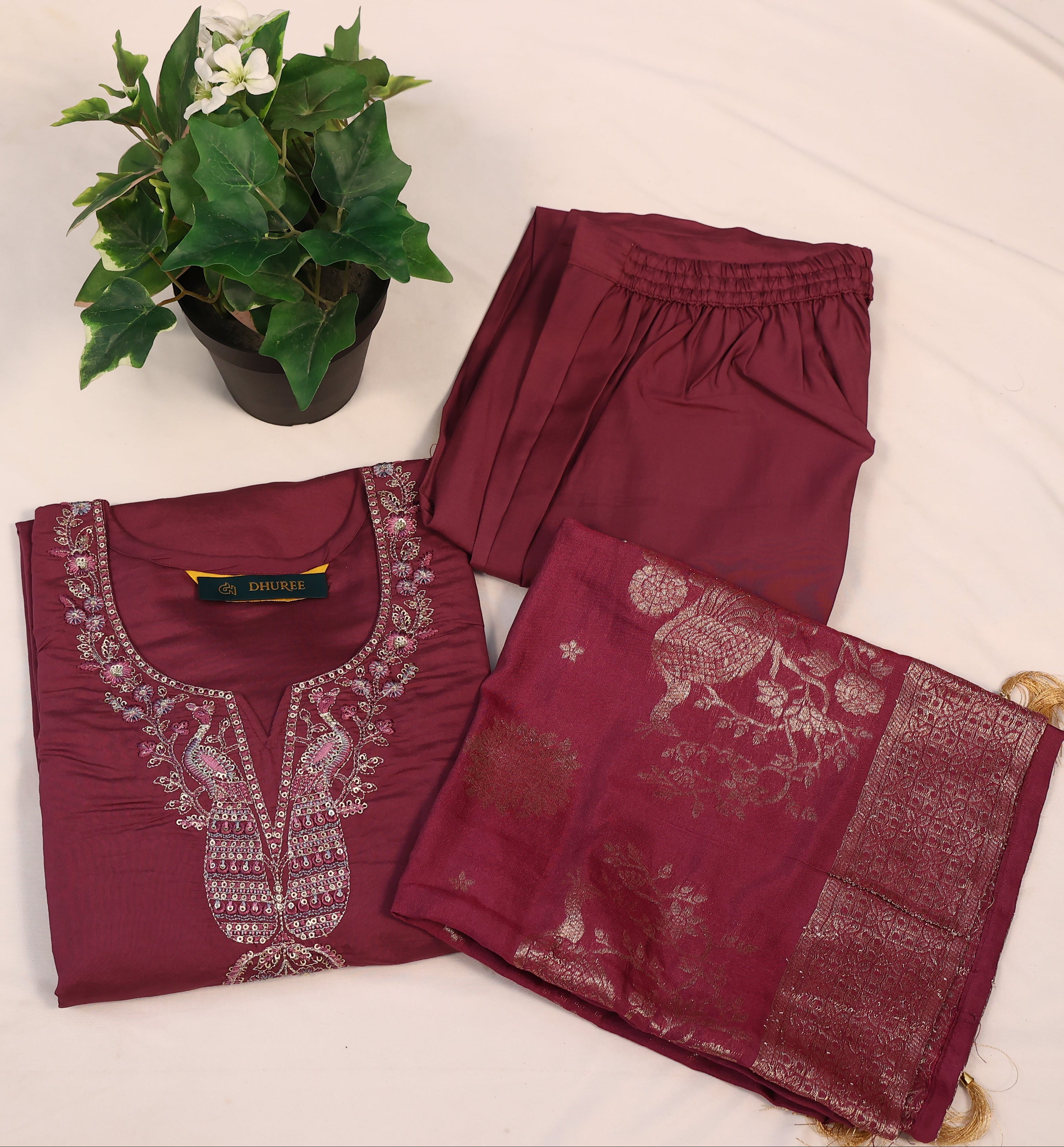 Women  Chanderi Silk Zari Embroidered Straight Kurta With Palazzo & Dupatta Set