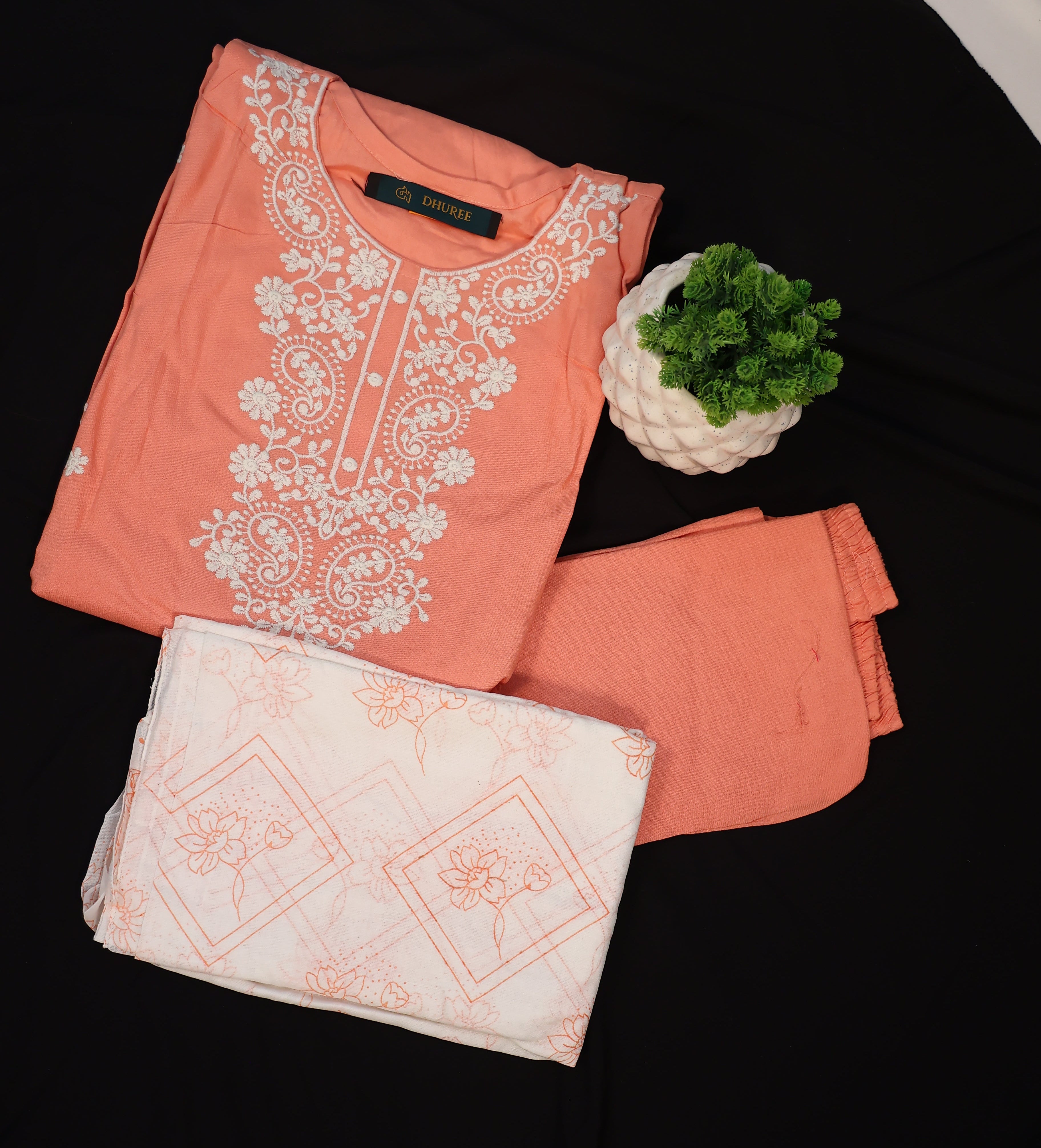 Women Peach Chikankari Work with Pure Cotton Fabric Straight Kurta Set