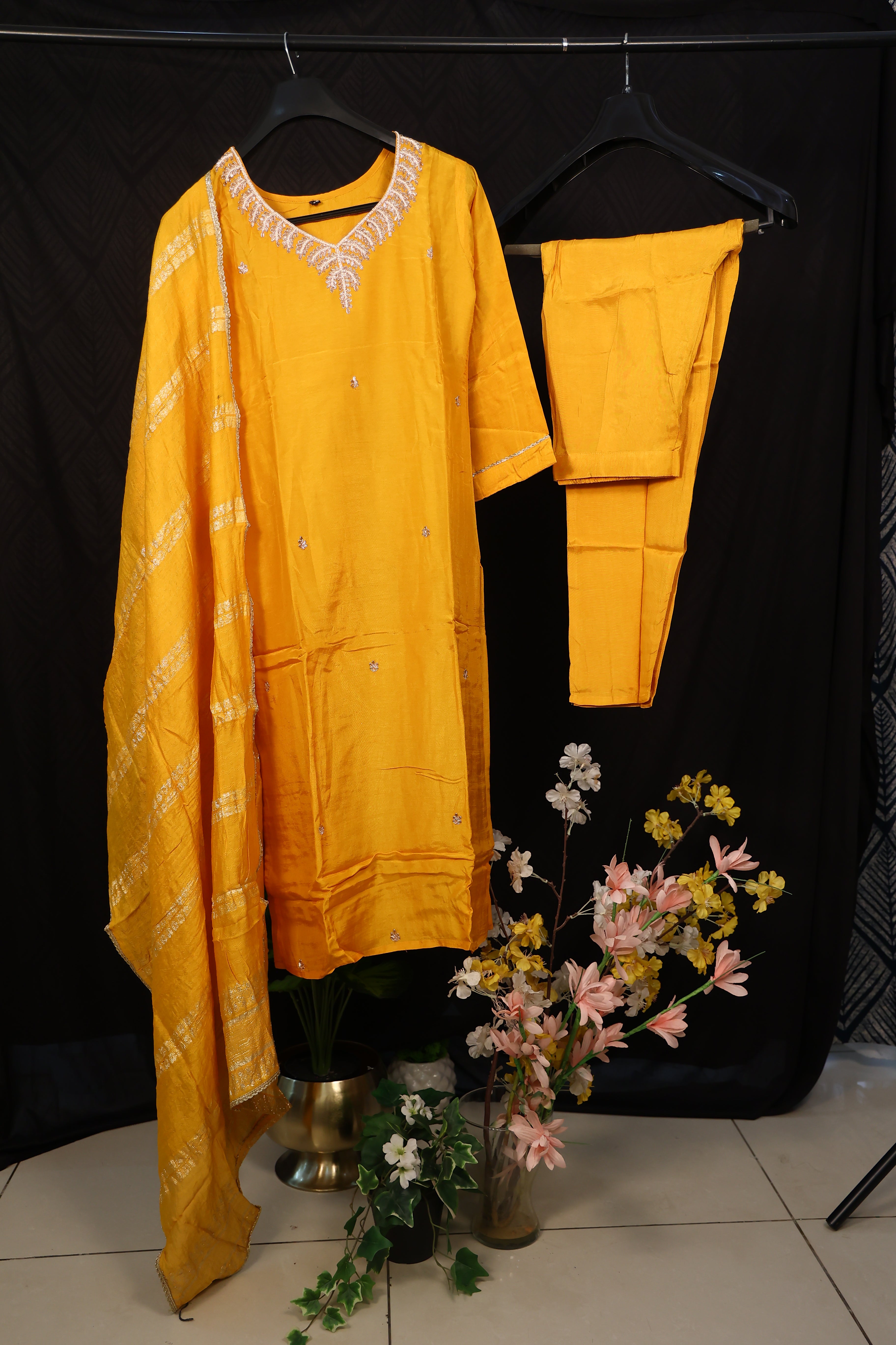 Women Yellow silk  Viscose Rayon Kurta Sets