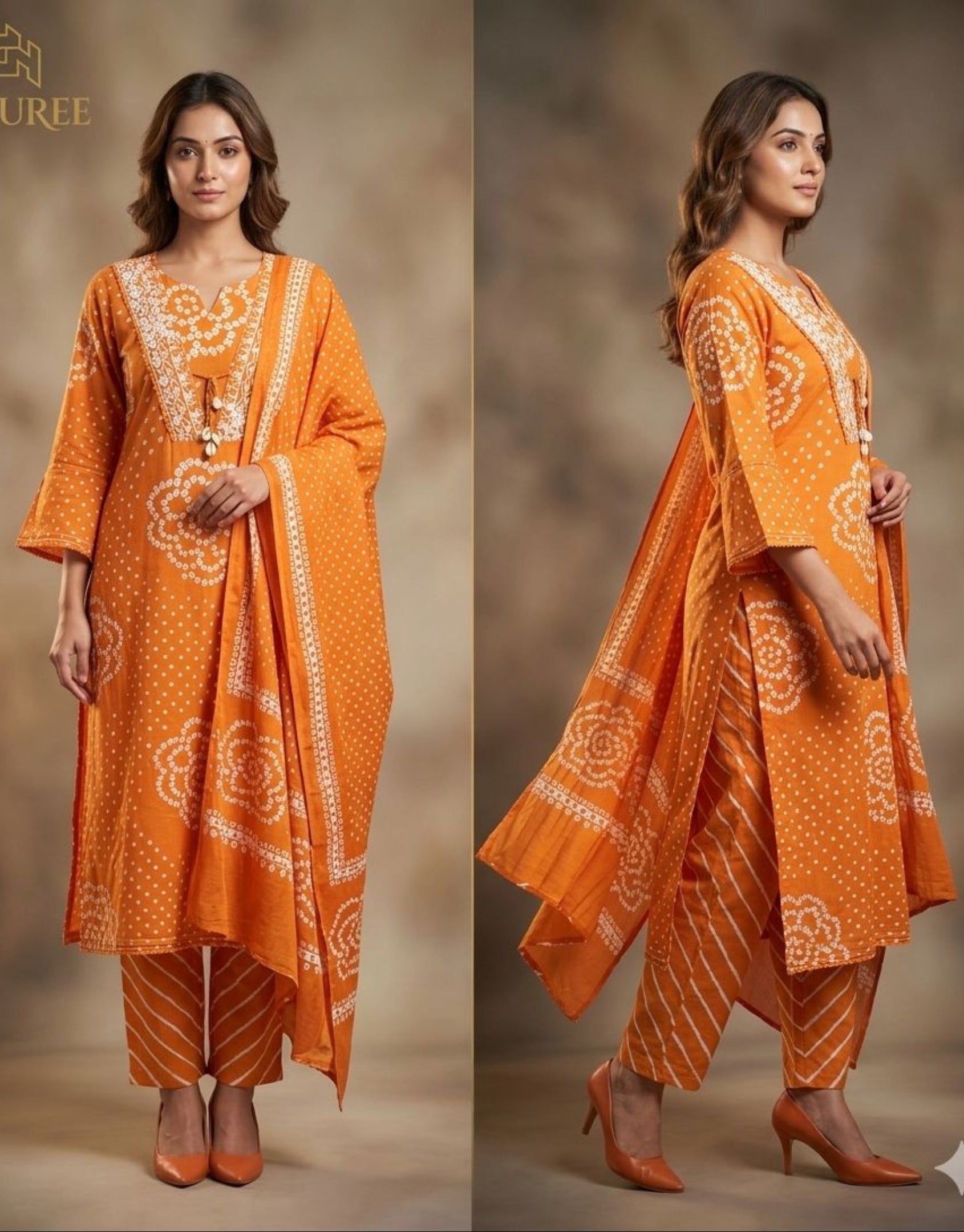 Woman wearing an orange traditional outfit with white patterns, standing against a brown background. Brand 'Dhuree' visible.