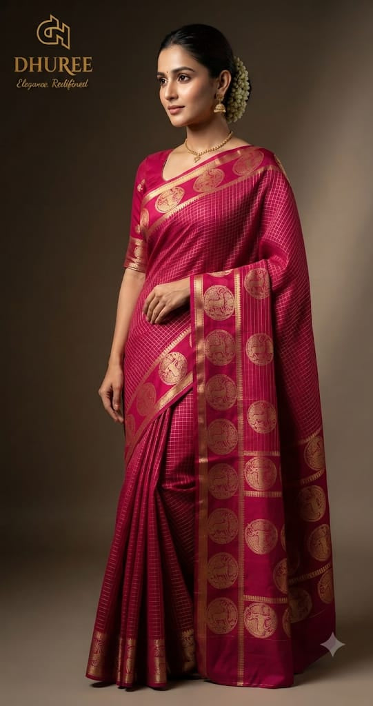 DHUREE VISCOSE SAREE WITH CHECKERED ZARI.